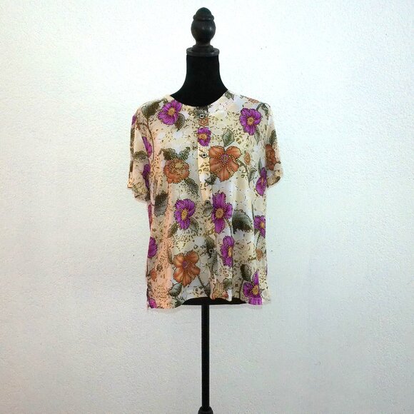 Purple/orange/beige shiny floral T-shirt, with golden glitters details - Picture 3 of 7